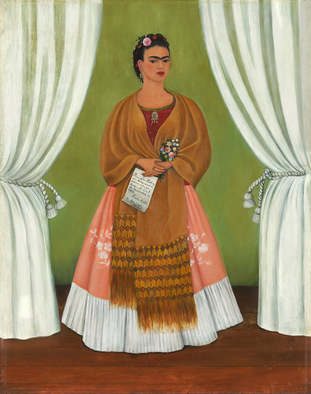Frida Kahlo két függöny között/önarckép Leó Trockijnak dedikálva alkotó: Frida Kahlo