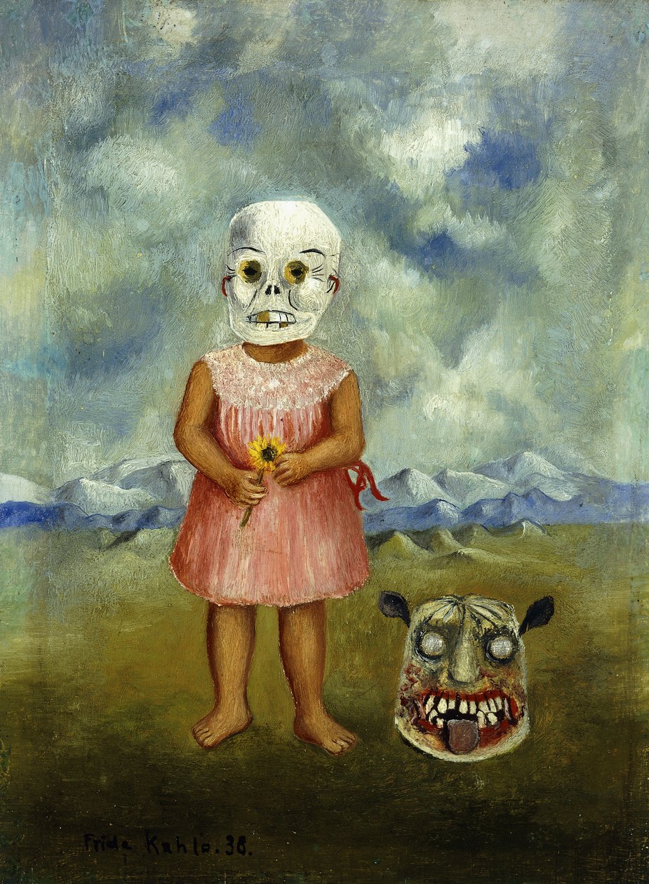 She Plays Alone vagy Girl with Death Mask; Ella Juega Sola vagy Nina with Mascara de la Muerte alkotó: Frida Kahlo