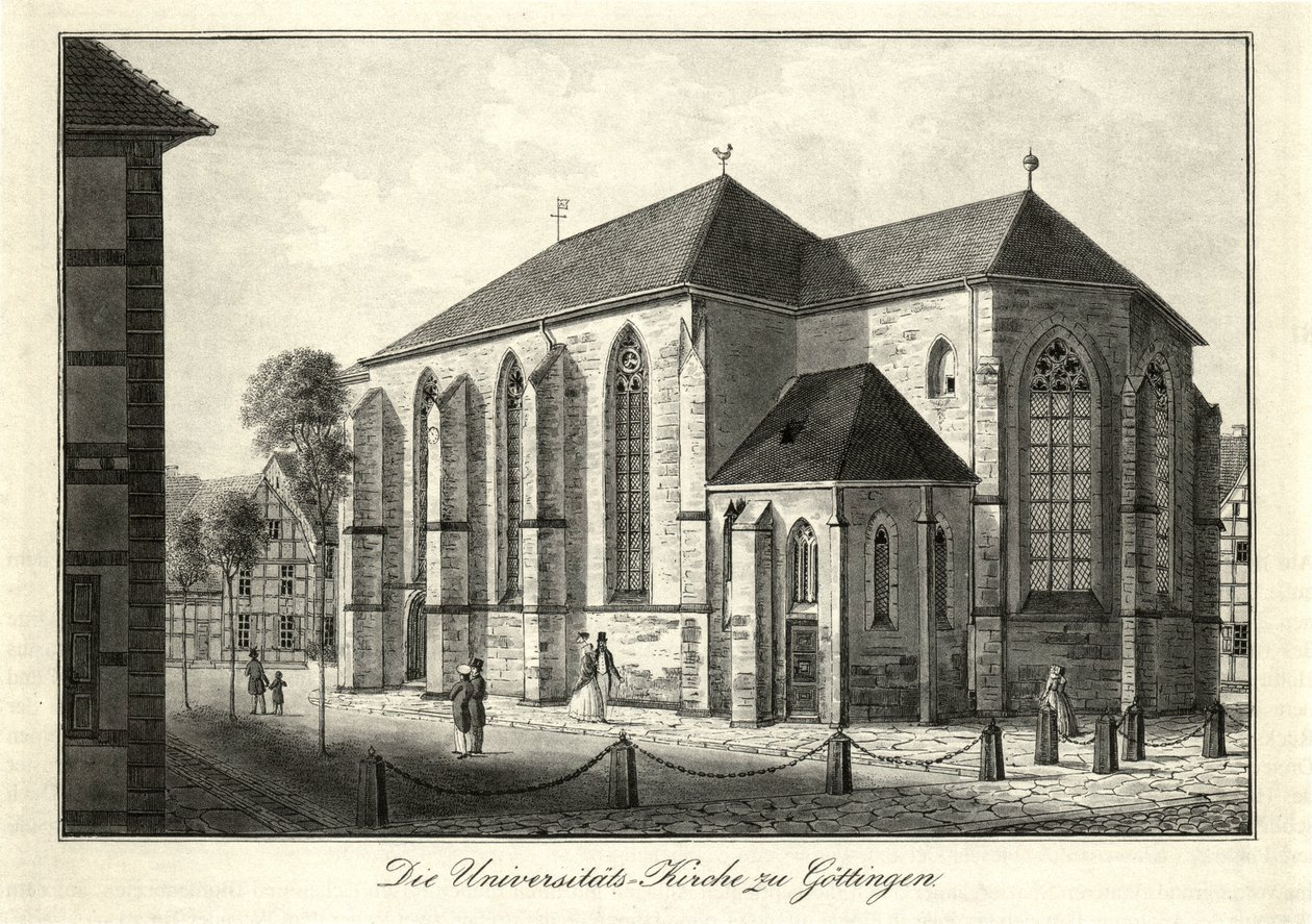 A Niolaikirche és a göttingeni Nikolaikirchhof látképe délkeletről, egyetemi templomként használták 1822 óta. alkotó: Friedrich Besemann
