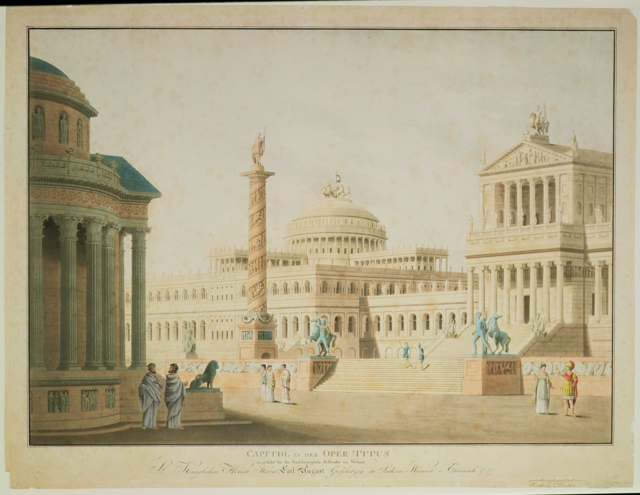 A Capitolium, Wolfgang Amadeus Mozart (1756-91) „Titus” című művének díszlete, az Anton Genast által rendezett előadás a bécsi Hoftheaterben, a művész metszetével, 1815 alkotó: Friedrich Beuther
