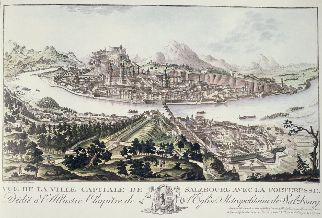 Salzburg fővárosának és erődjének látképe, a salzburgi metropolitánus egyház illusztris káptalanjának szentelve, 1791. alkotó: Friedrich Gotthard Naumann