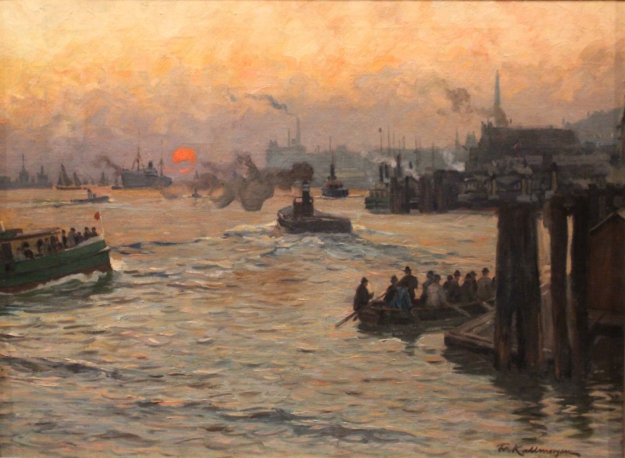 Hazatérő hajógyár és kikötői dolgozók Hamburg kikötőjében este alkotó: Friedrich Kallmorgen