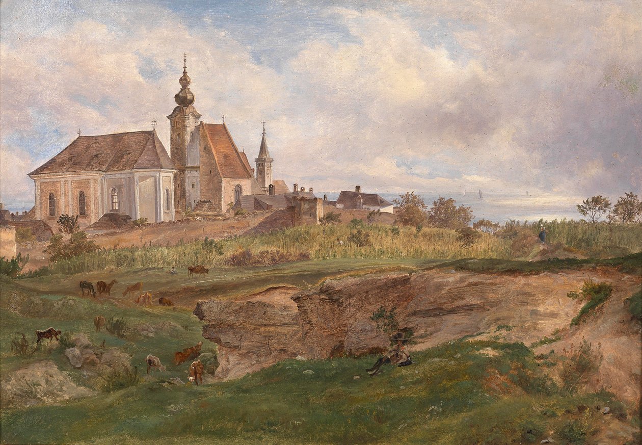 Kilátás a rozsdai Fischerkirche -re a Fertő -tavon alkotó: Friedrich Loos