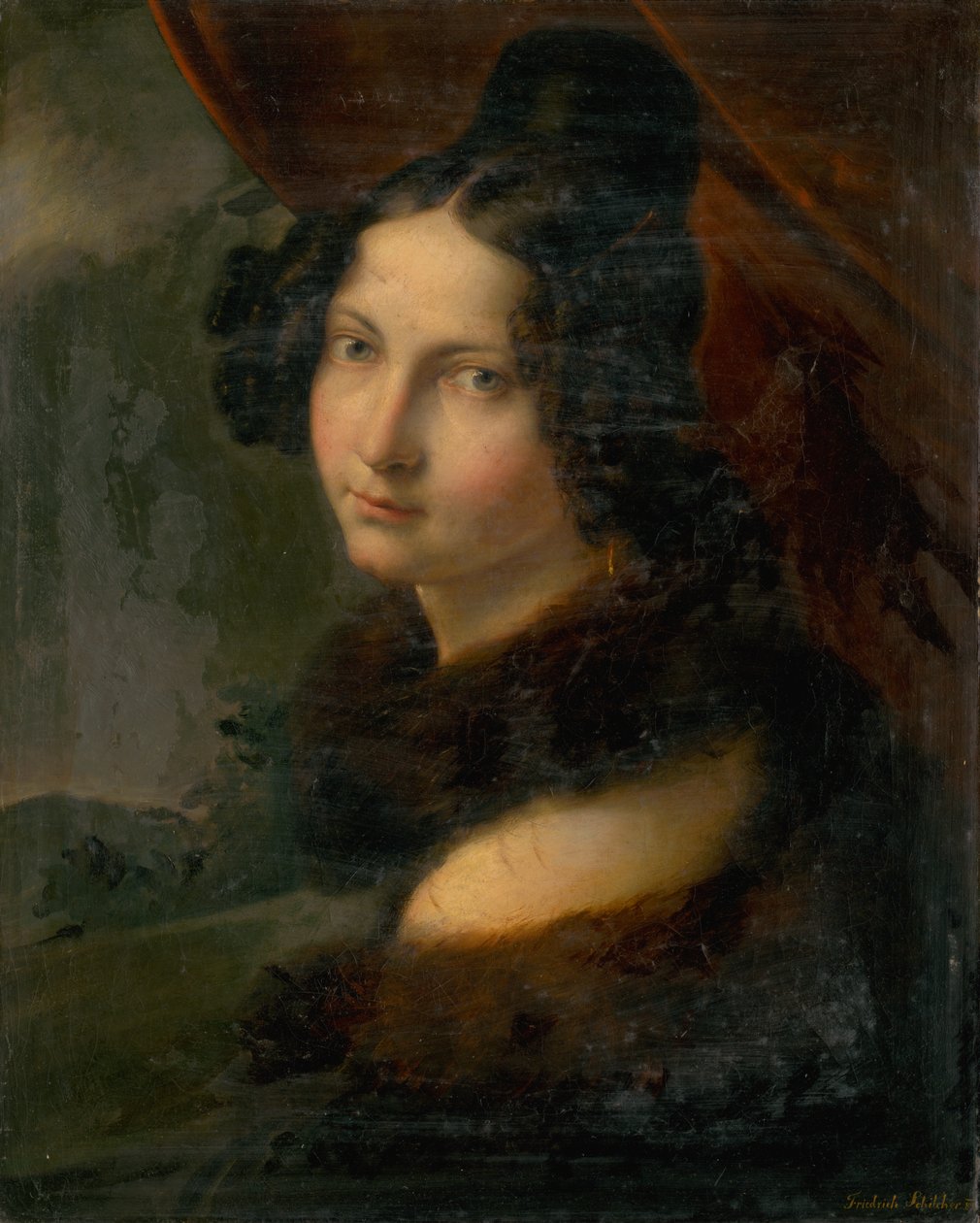 Fiatal hölgy portréja szőrmes gallérban alkotó: Friedrich Schilcher