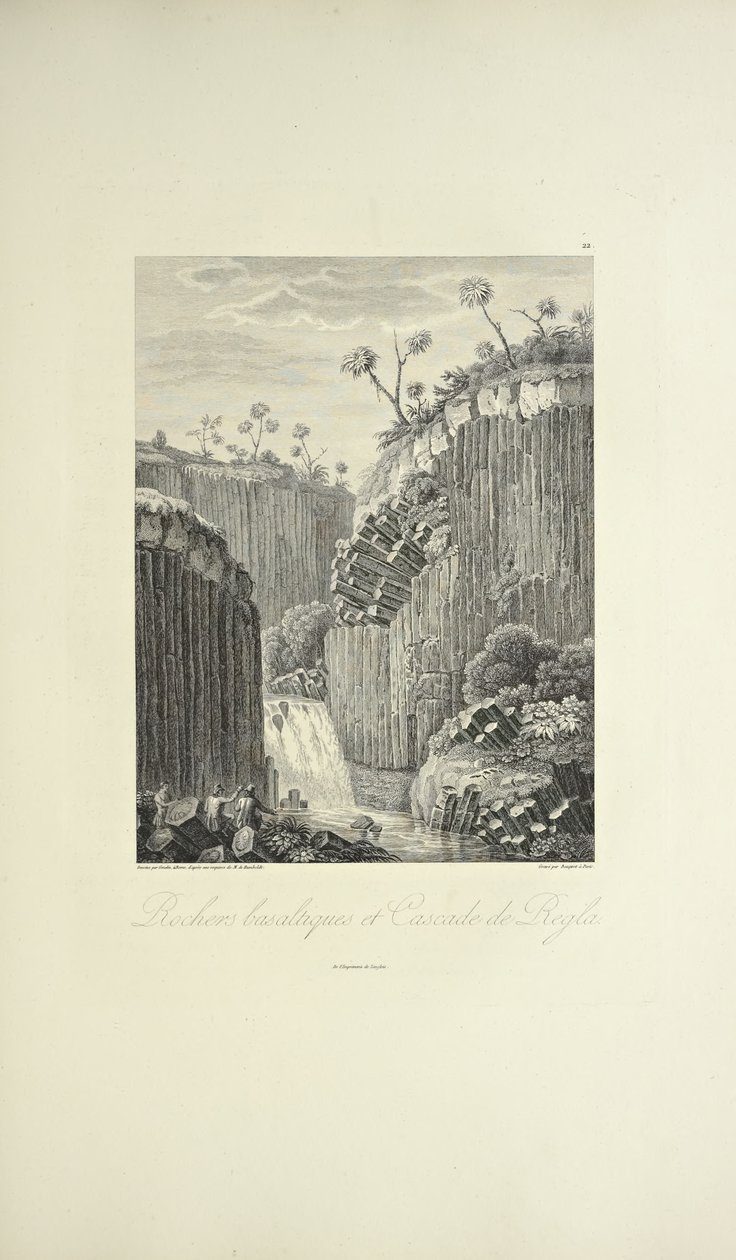 Bazaltsziklák és a Cascade de Regla, rajzolta Gmelin, metszette Bouquet, illusztráció a "Kordillerák és Amerika őslakosainak emlékművei" című művéből, Alexander von Humboldt és Aime Bonpland alkotó: Friedrich Alexander Baron von (after) Humboldt