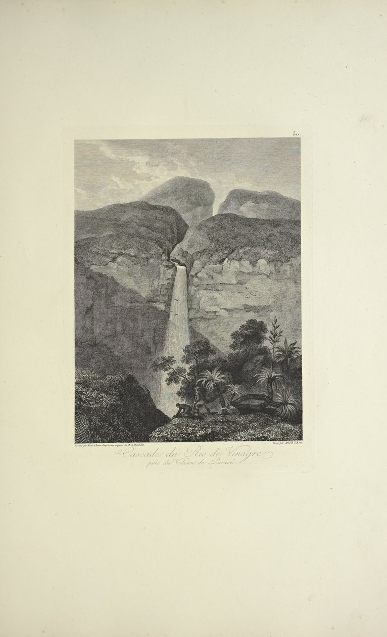 A Rio de Vinagre vízesése a Purace vulkán közelében, Koch rajza, Arnold metszet, illusztráció Alexander von Humboldt és Aime Bonpland „Kordillerák és Amerika bennszülött népeinek emlékművei” című művéből alkotó: Friedrich Alexander Baron von (after) Humboldt