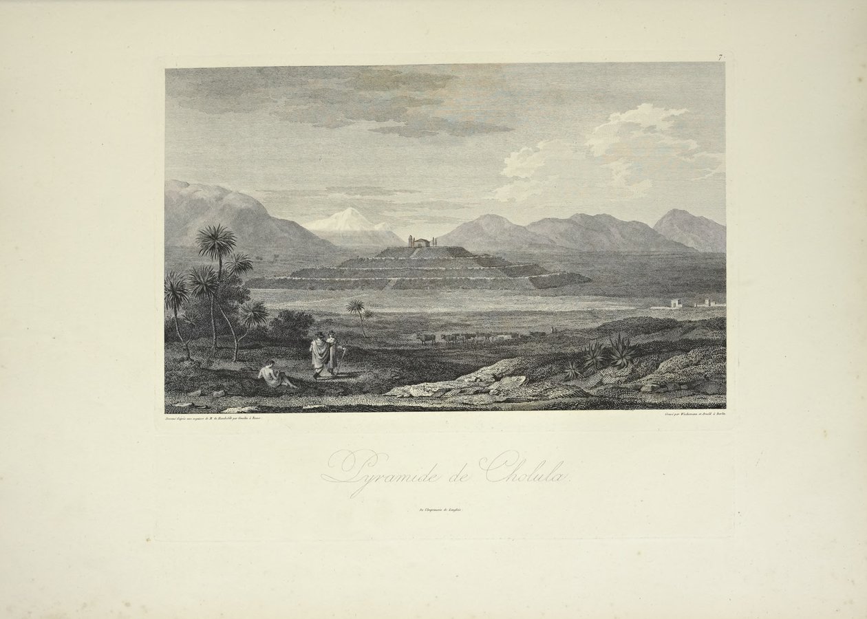Cholula piramisa, Gmelin rajza, illusztrációja Alexander von Humboldt és Aime Bonpland „Kordillerák és Amerika őslakosainak emlékművei” című könyvéből alkotó: Friedrich Alexander Baron von (after) Humboldt