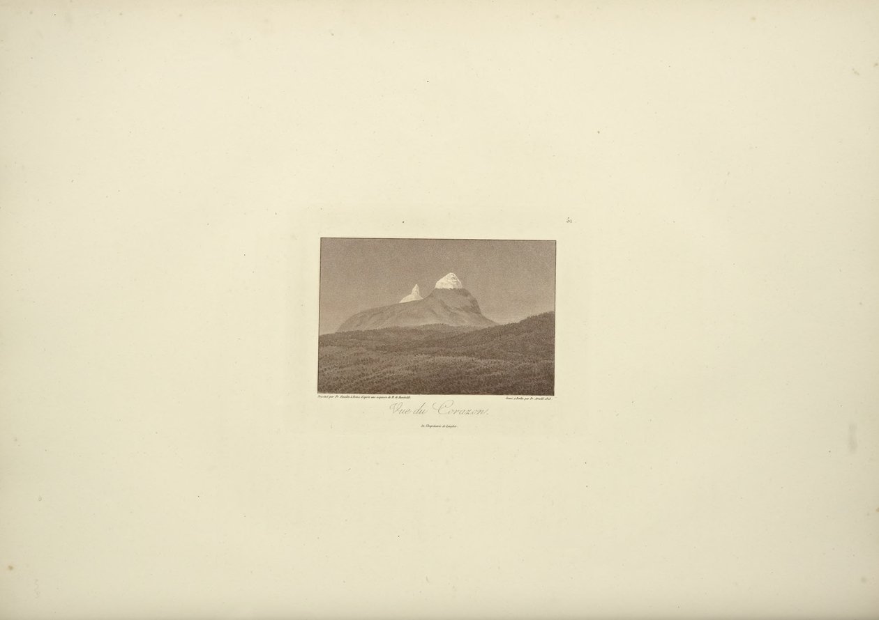Corazon képe, Gmelin rajza, Arnold metszet, illusztráció Alexander von Humboldt és Aime Bonpland „Kordillerák és Amerika őslakosainak emlékművei” című művéből alkotó: Friedrich Alexander Baron von (after) Humboldt