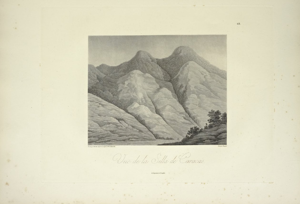 A Silla de Caracas képe, Marchais rajza, Bouquet metszet, illusztráció a „Kordillerák és az amerikai őslakosok emlékművei” című művéből, Alexander von Humboldt és Aime Bonpland alkotó: Friedrich Alexander Baron von (after) Humboldt