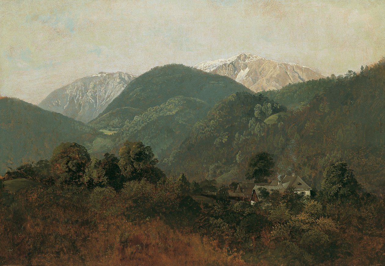 Kilátás Scheuchensteinről a Gauermannhofra, Schneeberggel a háttérben alkotó: Friedrich August Mathias Gauermann