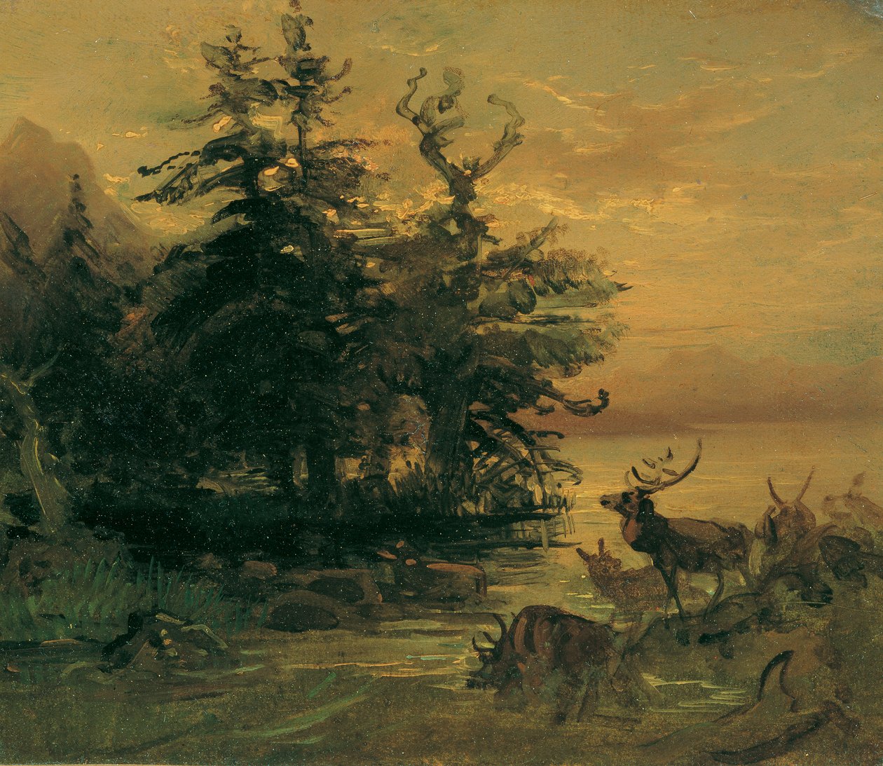 Dobó szarvas a hegyi tó partján alkotó: Friedrich August Mathias Gauermann