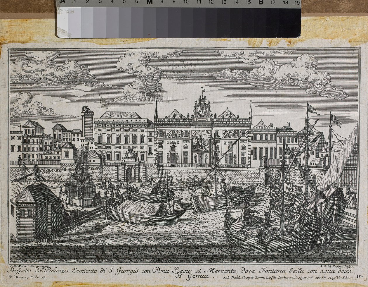 Genova tervrajza, amely a Királyi hidat, a Mercanzia Új hidat és a Szent György-palotát ábrázolja a tenger felől nézve, 1750 körül (metszet) alkotó: Friedrich Bernhard Werner