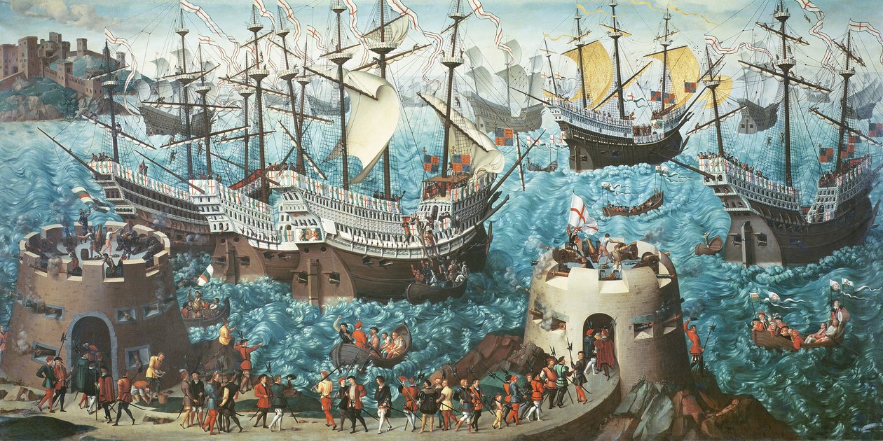 VIII. Henrik (1491-1547) beszállása a Henry Grace a Dieu fedélzetére 1520-ban, Vincent Volpi festményéről másolva. alkotó: Friedrich Bouterwek