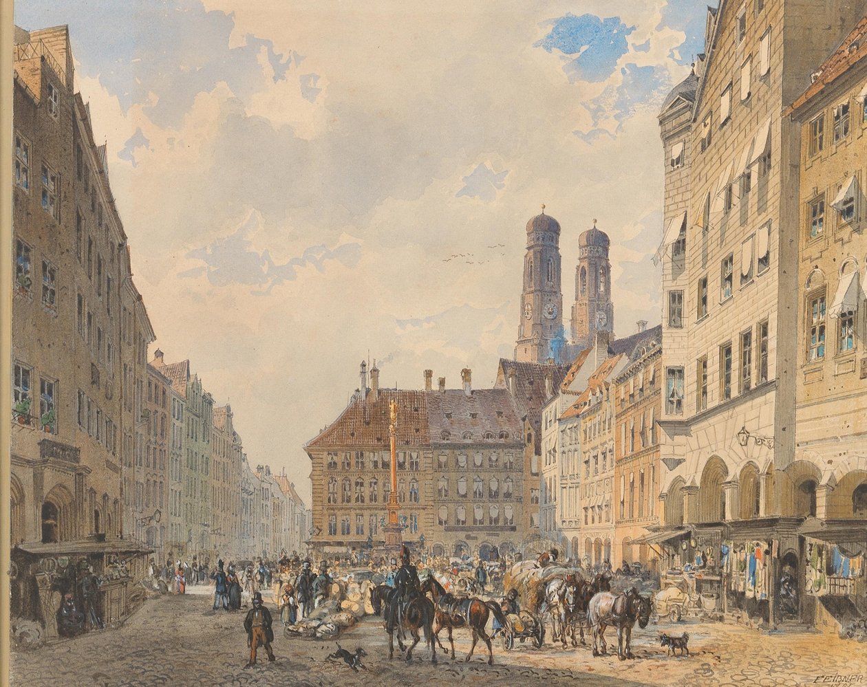 A müncheni Marienplatz a háttérben a Frauenkirchével alkotó: Friedrich Eibner