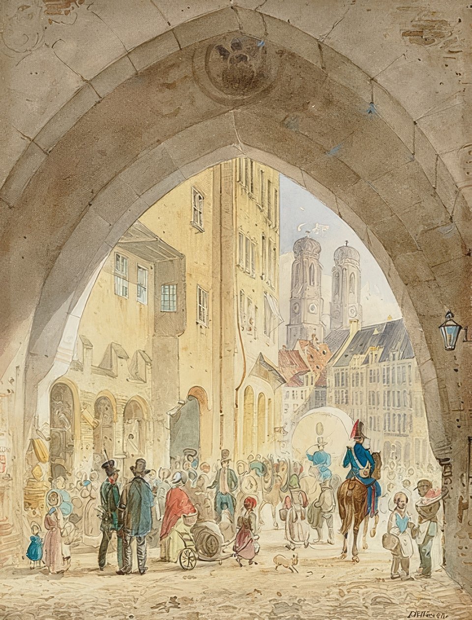 München – Kilátás a régi városházáról a Frauenkirche tornyaira. 1849 alkotó: Friedrich Eibner