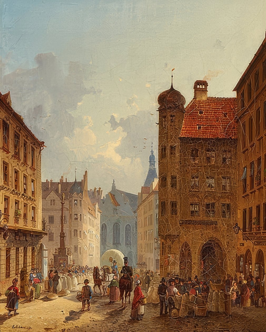 München – Kilátás a Kaufingerstrasse-ról a régi városházára. 1849 alkotó: Friedrich Eibner