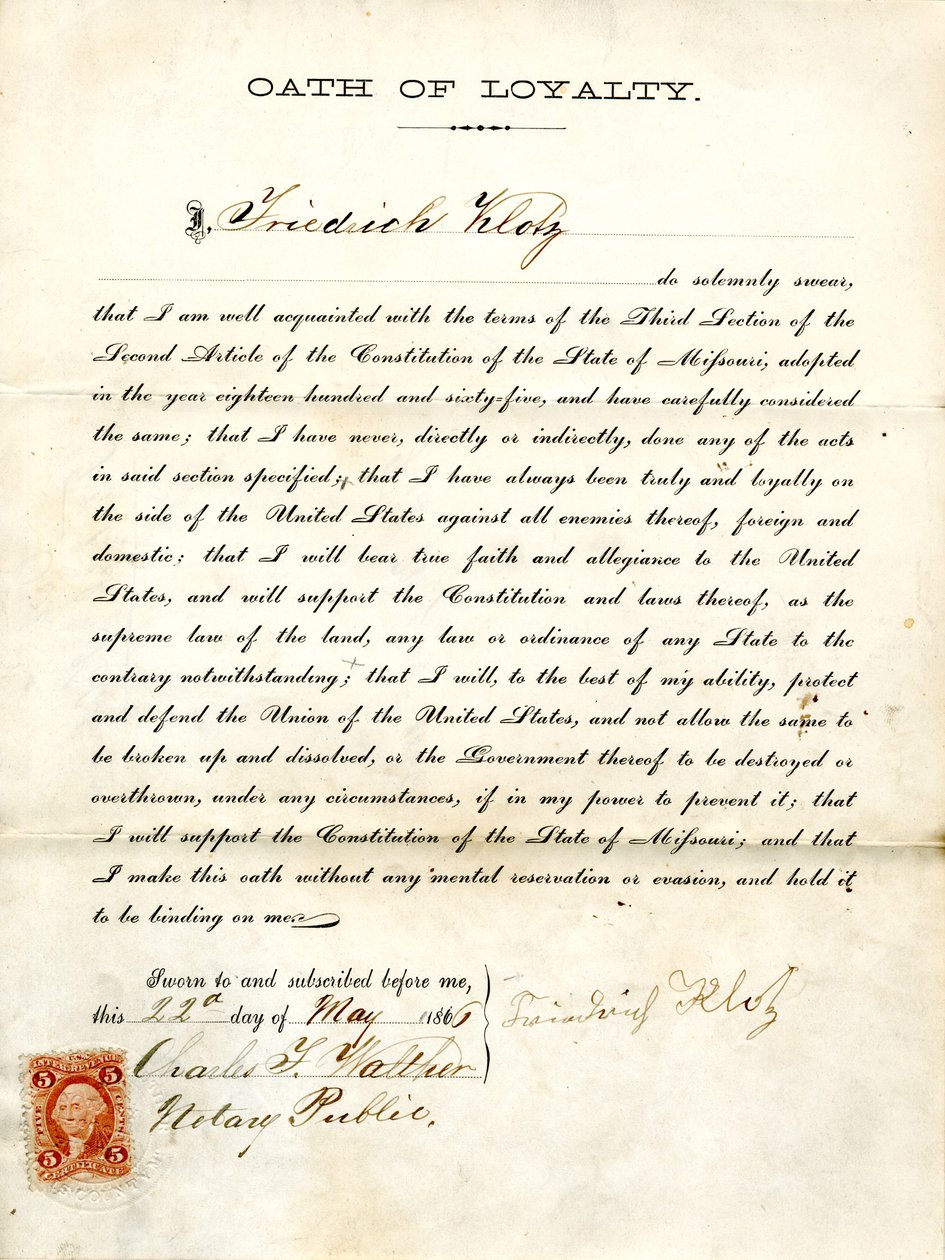 Friedrich Klotz hűség esküje Missouri államból, St. Louis megyéből alkotó: Friedrich Klotz