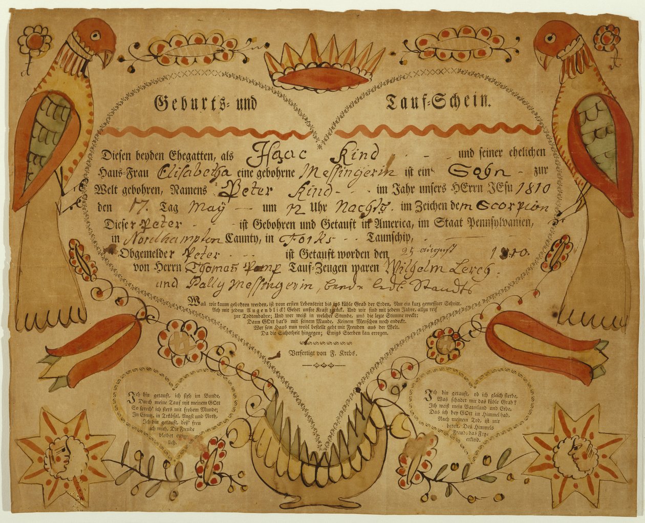 Születési és keresztelési anyakönyvi kivonat, c. 1790-1800 (ökörfesték, akvarell és metszet fektetett papírra) alkotó: Friedrich Krebs