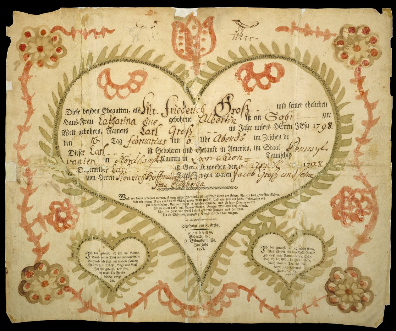 Születési és keresztelési anyakönyvi kivonat, c. 1800 (ökörfesték, akvarell és gravírozás fektetett papírra) alkotó: Friedrich Krebs
