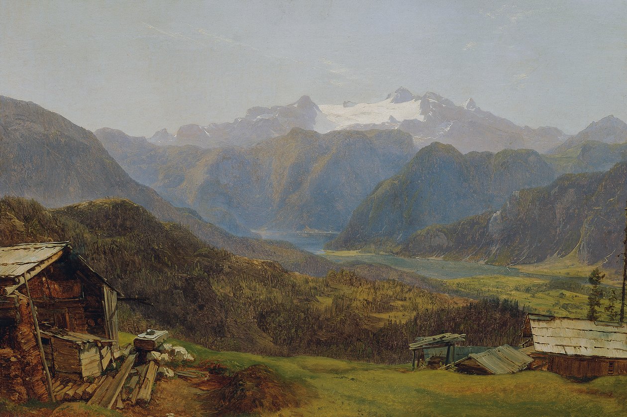 Kilátás a Hallstatti-tóra és a Dachsteinre a Hütteneckalmról alkotó: Friedrich Loos