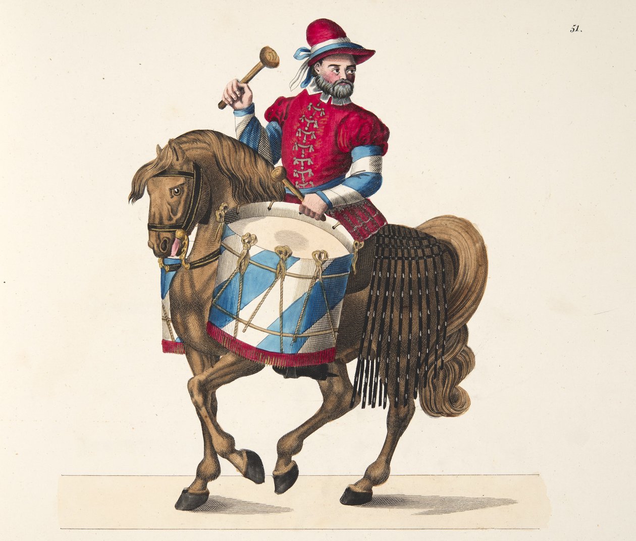 Dobos egy tornán, tábla a "A lovagi élet fejlődésének és szokásainak története" című könyvből, Dr. Franz Kottenkamp, kiadó: Carl Hoffmann, 1842. alkotó: Friedrich Martin von Reibisch