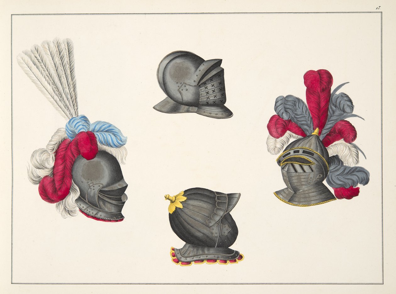 Sisakok, tábla a "A lovagi élet fejlődésének és szokásainak története" című műből, Dr. Franz Kottenkamp, Carl Hoffmann kiadása, 1842. alkotó: Friedrich Martin von Reibisch
