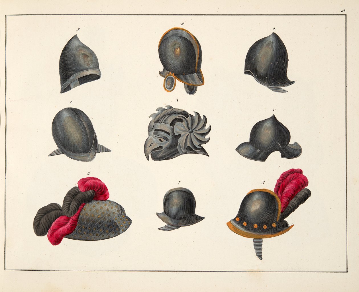 Sisakok, lemez a lovagság fejlődésének és szokásainak történetéből, Dr. Franz Kottenkamp, Carl Hoffmann, 1842 alkotó: Friedrich Martin von Reibisch