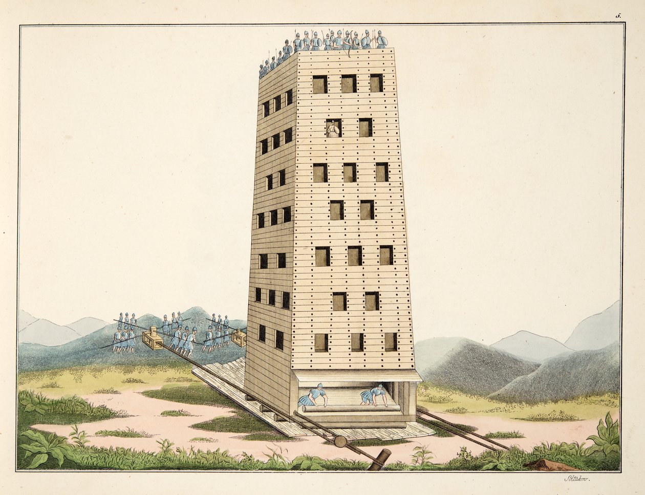 Mozgatható torony, Caesar namuri tornya után tervezett, tábla a „A lovagság fejlődésének és szokásainak történetéből” Dr. Franz Kottenkamp, Carl Hoffmann kiadása, 1842 alkotó: Friedrich Martin von Reibisch