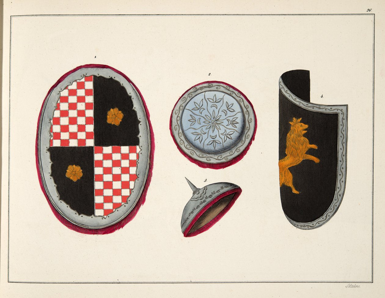 Pajzsok, tábla a "A lovagi élet fejlődésének és szokásainak története" című könyvből, írta Dr. Franz Kottenkamp, kiadó: Carl Hoffmann, 1842. alkotó: Friedrich Martin von Reibisch