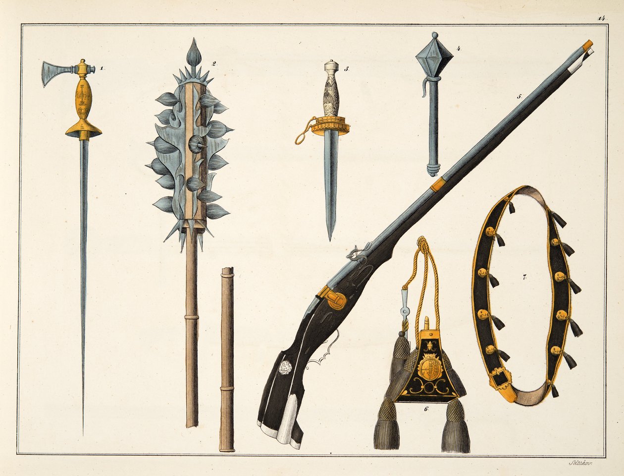 Fegyverek, köztük egy muskéta, 1400 körüli lemez a „A lovagság fejlődésének és szokásainak története”, Dr. Franz Kottenkamp, kiadó: Carl Hoffmann, 1842 alkotó: Friedrich Martin von Reibisch
