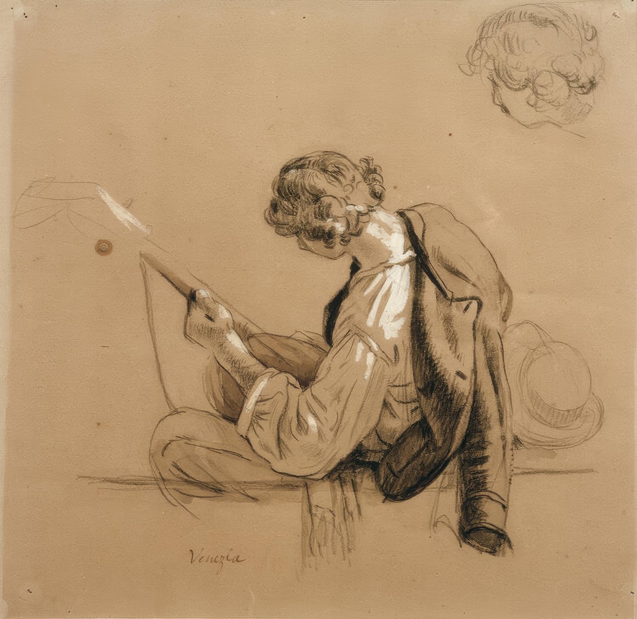 Ülő lantjátékos; fejtanulmány alkotó: Friedrich Nerly