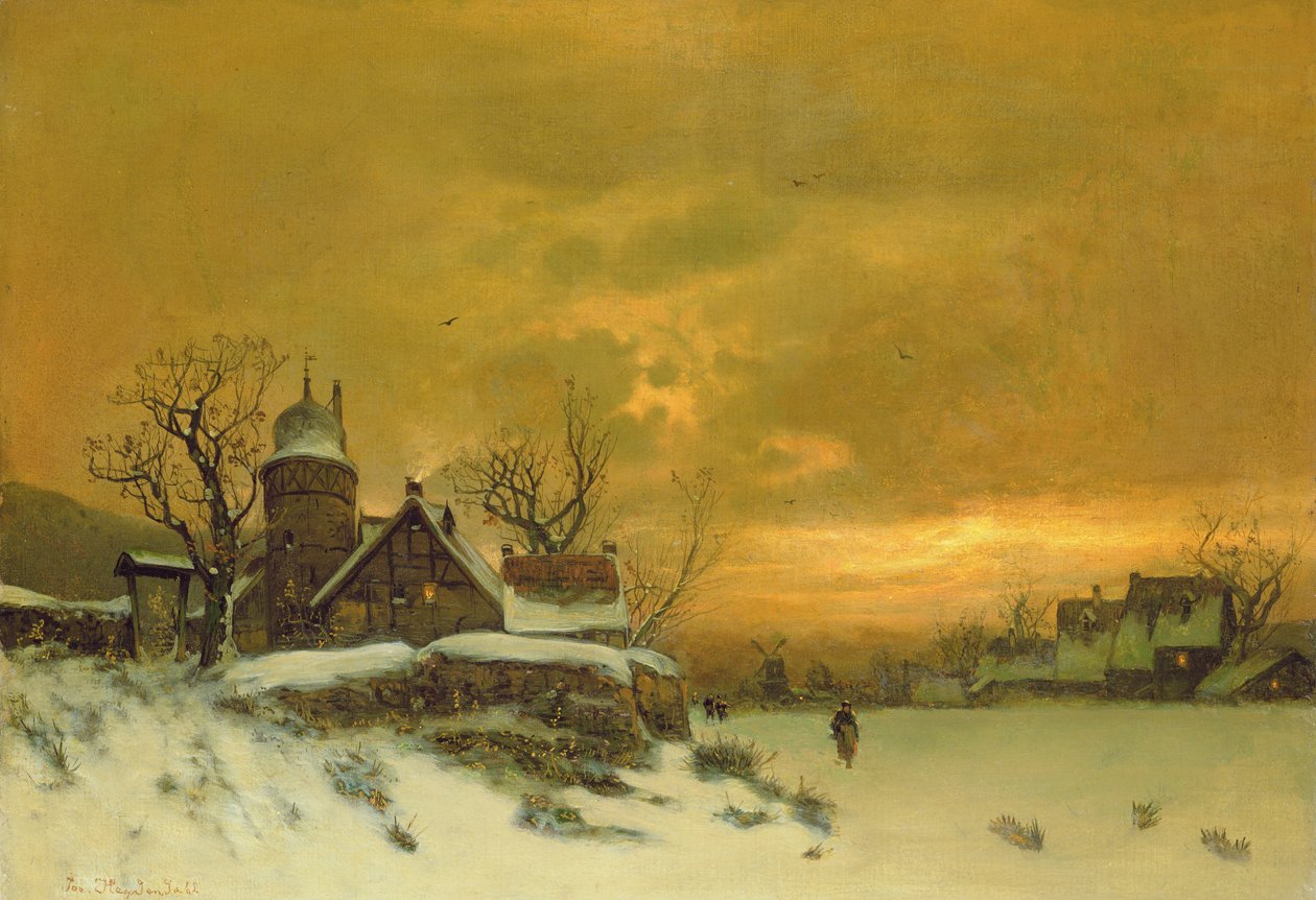 Téli táj, kilátással az épületekre este alkotó: Friedrich Nicolai Joseph Heydendahl