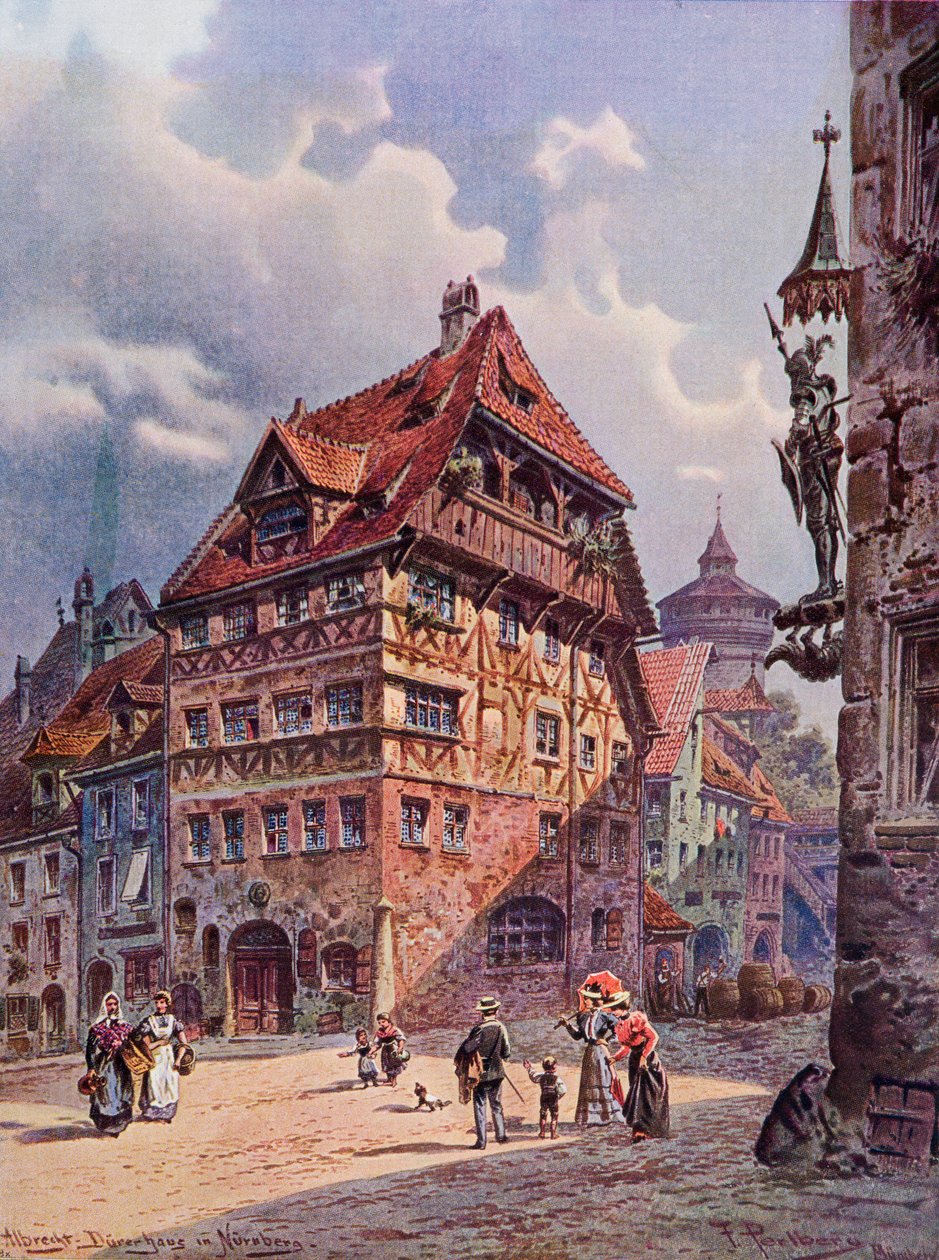Albrecht Durer háza Nürnbergben, Németországban, ahogy a 19. században volt, a „The Garden Arbor Family Journal”-ból, 1905-ben alkotó: Friedrich Perlberg
