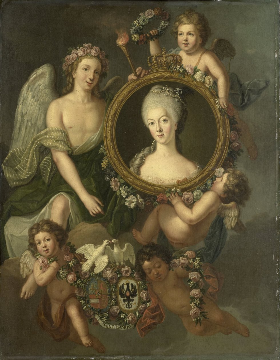 Porosz Wilhelmina portréja egy medalionban, utalással V. Vilmos herceggel 1767. október 4-én Berlinben kötött házasságára (Frederika Sophia Wilhelmina) alkotó: Friedrich Reclam