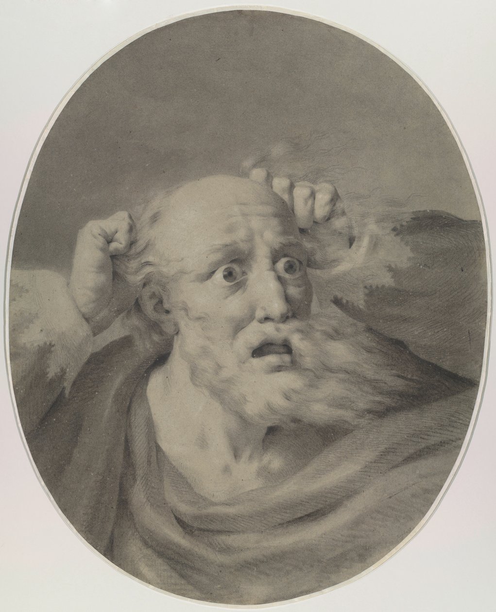 Idős férfi szakállas, haját turmixolja. alkotó: Friedrich Rehberg