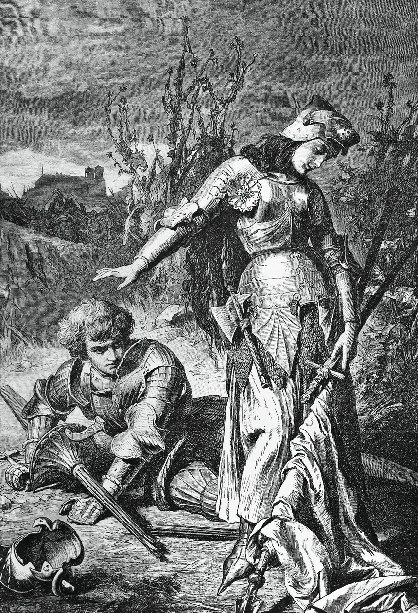Joan of Arc és Lionel párbaja, illusztráció a Maid of Orleans számára, Friedrich Schiller (1759-1805) tragédiája, metszet alkotó: Friedrich Schiller