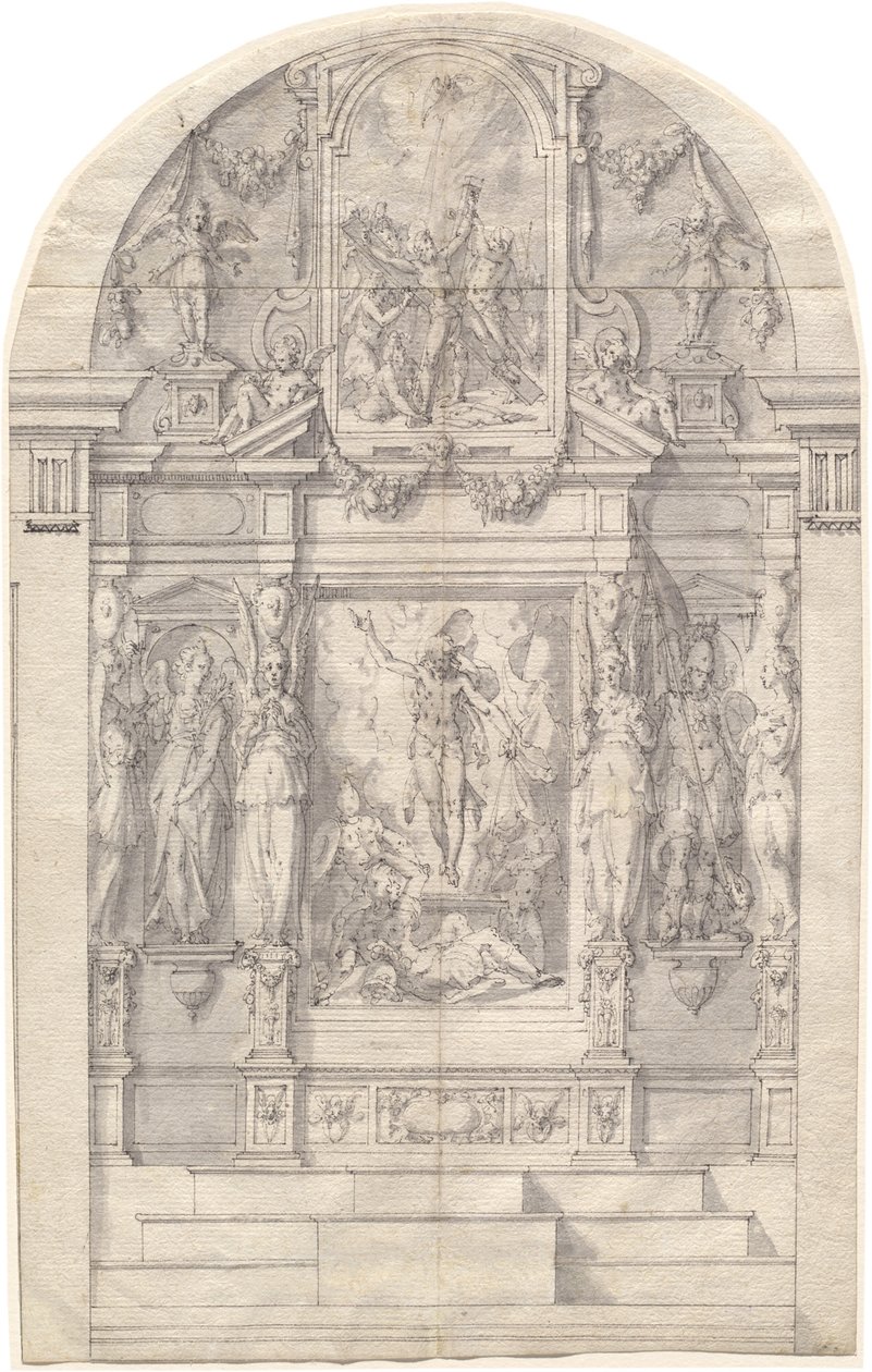 Kidolgozott oltár Krisztus feltámadásával és Szent András mártíromságával alkotó: Friedrich Sustris