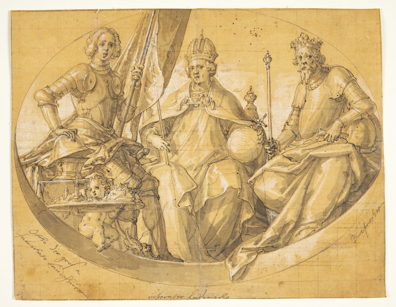 Nagy Ottó (912-973), Nagy Lajos (1417-1479) és Ruprecht (1352-1410) királyokat ábrázoló ovális mennyezetfestmény(?) tervezete alkotó: Friedrich Sustris