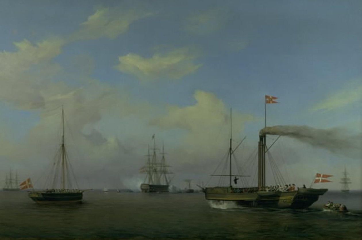 A dán osztag Warnemünde rhednél horgonyoz. Királyi Felségük, a koronaherceg és a koronahercegnő megérkezik a „Kiel” gőzhajón a századhoz, és a „Christian the Eighth” hadihajó tisztelegni kezd. alkotó: Friedrich Theodore Kloss