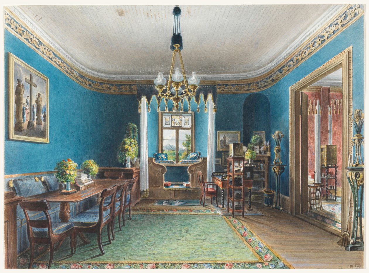 Rajz, A kék szoba, Schloss Fischbach, 1846 alkotó: Friedrich Wilhelm Klose