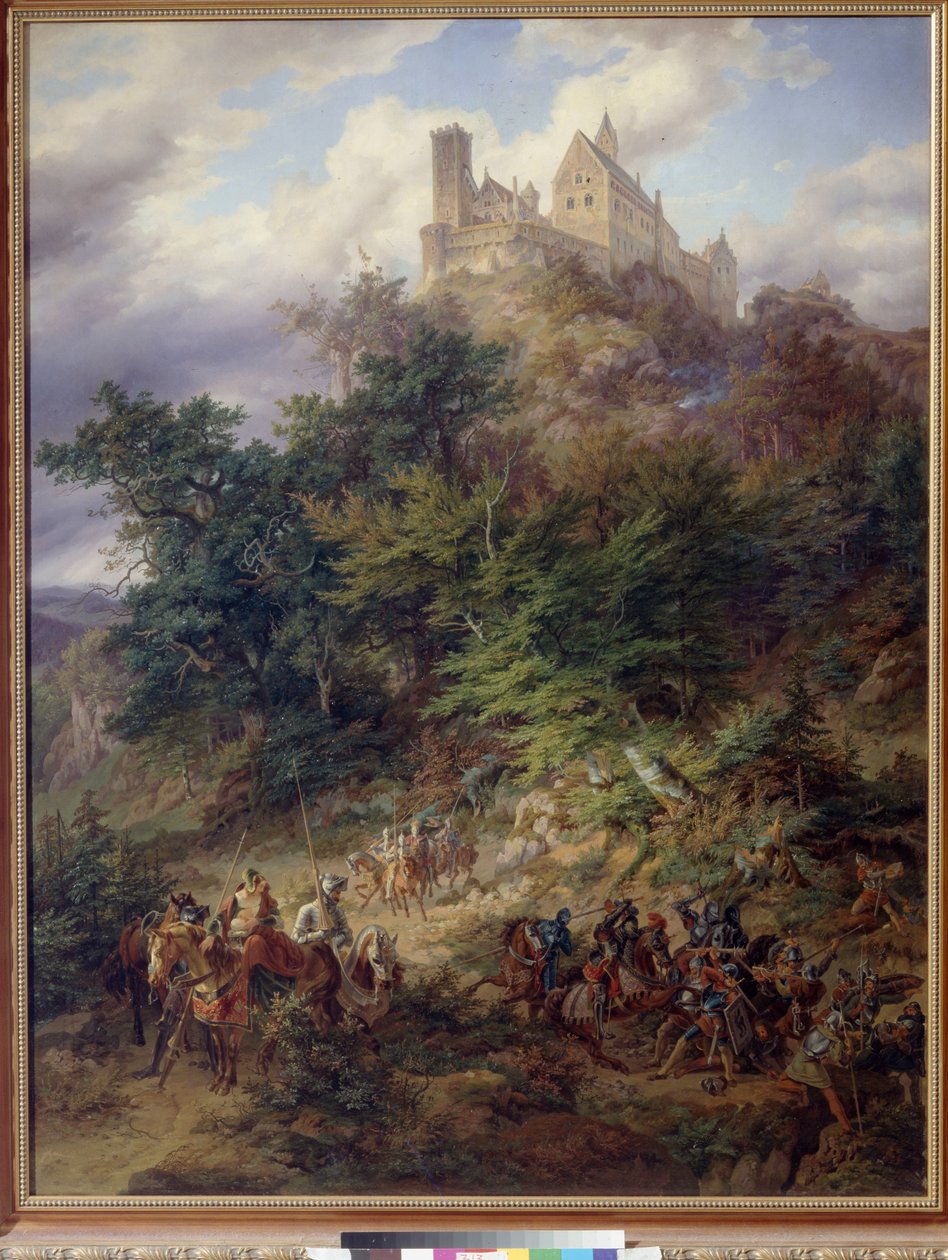 Táj lovagokkal (The Wartburg), Preller, Friedrich, az idősebb (1804-1878). Olajfestmény alkotó: Friedrich the Elder Preller