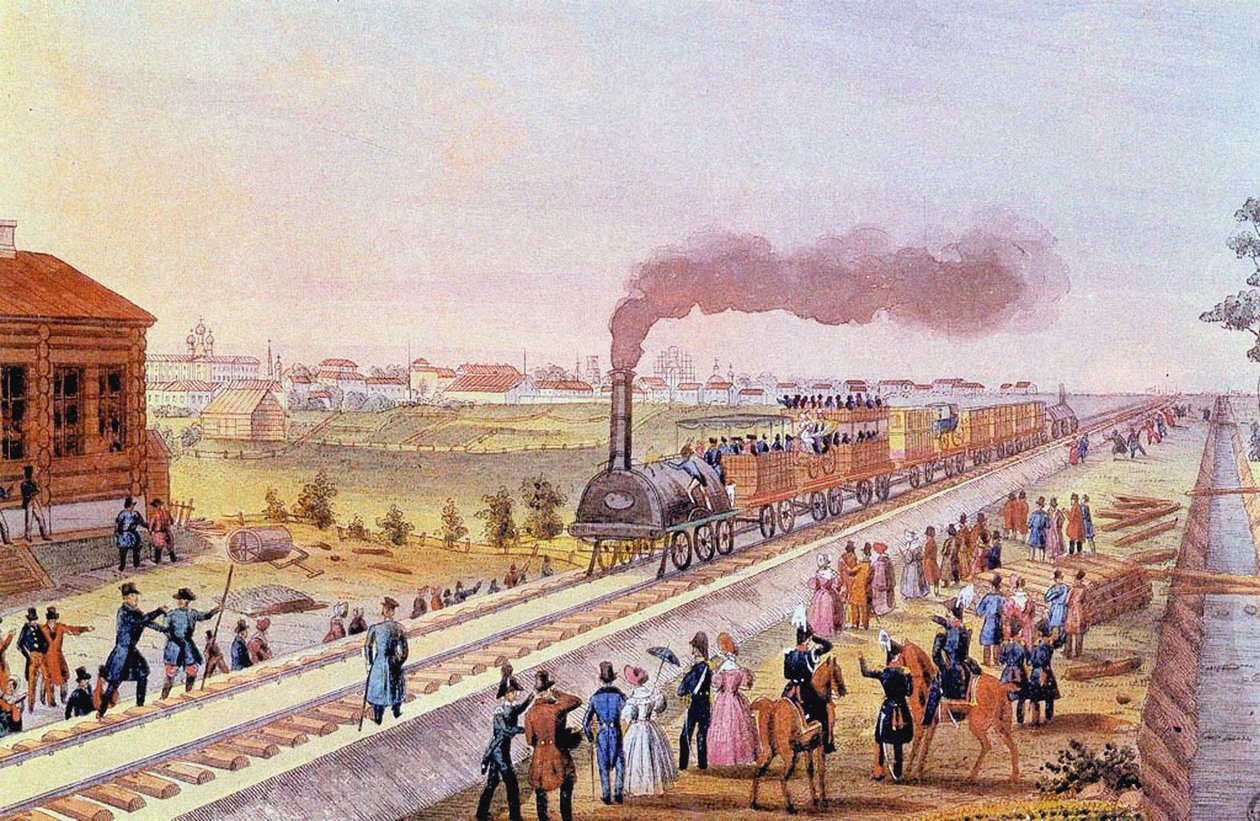 Az első vonat megérkezése Szentpétervárról Carszkoje Seloba 1837. október 30-án alkotó: Friedrich von Martens
