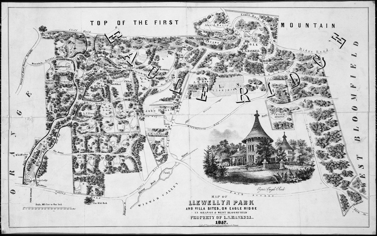 A Llewellyn Park és a Villa helyszíneinek térképe az Eagle Ridge-en, Orange & West Bloomfieldben, 1857, 1857. alkotó: Friend and Aub