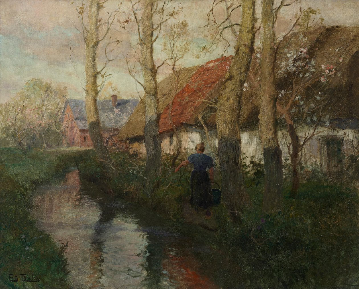 Egy normandiai folyó egy vízhordó nővel alkotó: Frits Thaulow