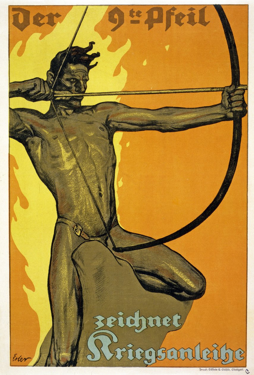 A 9. nyíl a War Loan kocsmát jelöli. Stuttgartban, 1917 körül alkotó: Fritz Erier