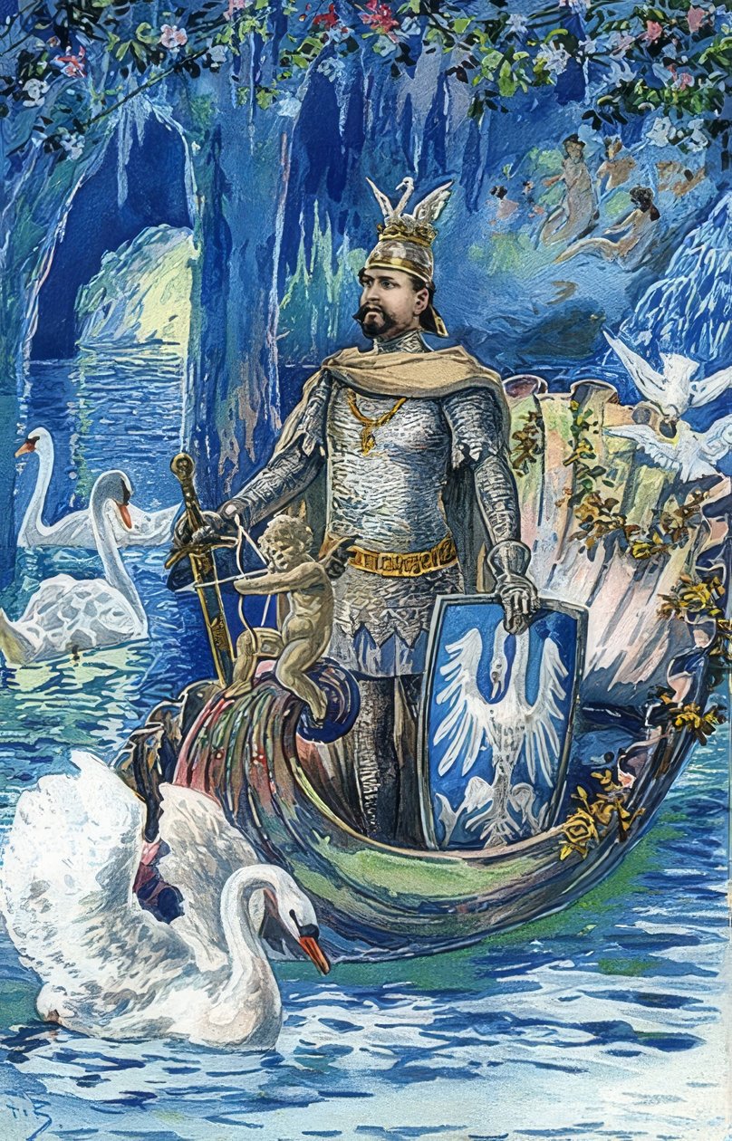 II. Lajos király mint Lohengrin a linderhofi kastély Kék barlangjában. 1900 körül alkotó: Fritz Bergen