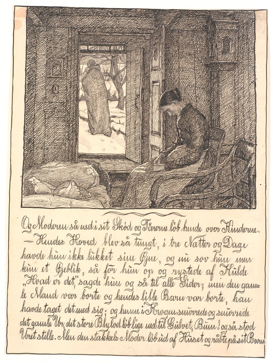 És az anya lenézett az ölébe, és a könnyek végigcsordultak az arcán... alkotó: Fritz Syberg