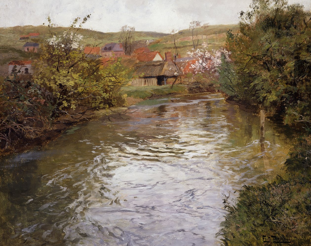 Parasztházak egy patak partján, alkotó: Frits Thaulow