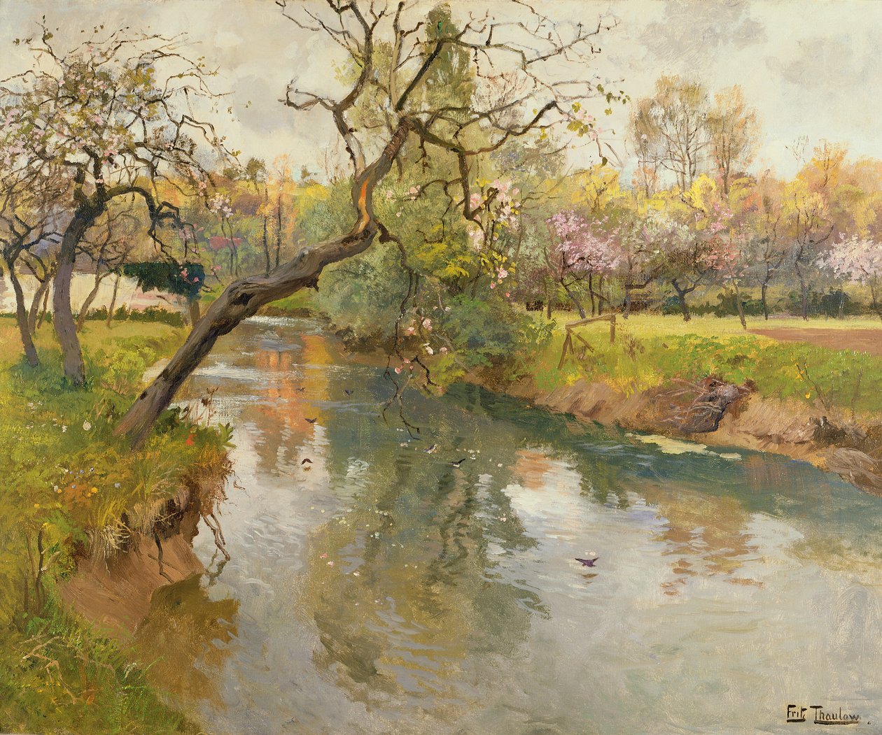Francia folyó táj egy virágzó fával alkotó: Frits Thaulow