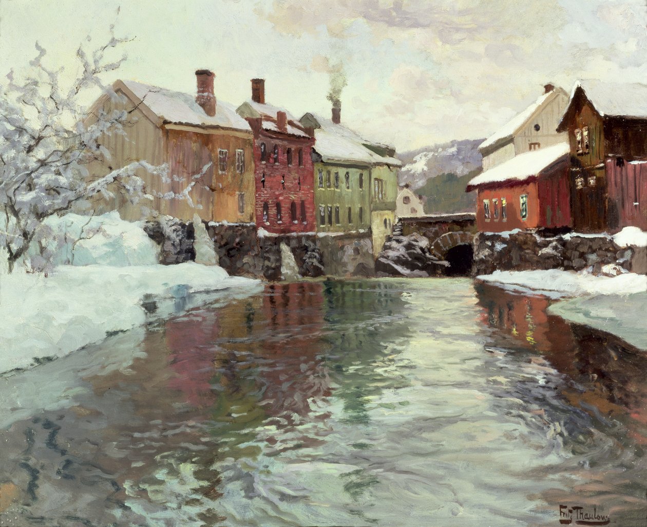 Hóval borított épületek a folyó mellett alkotó: Frits Thaulow